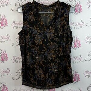 RW&CO. Tank top flowers leafs blue tan Black and Brown Floral Blouse